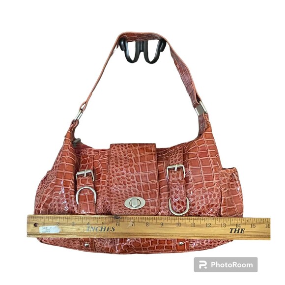 Orange Alligator Embossed Hobo Shoulder Bag Handbag Pockets Glossy Patent Finish - Picture 10 of 16